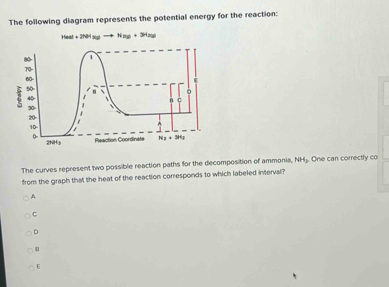 the following diagram represents the potential energy for the reaction: heat + 2nh3(g) → n2(g) + 3h2(g) the curves represent two possible reaction paths for the decomposition of ammonia, nh3. one can correctly co from the graph that the heat of the reaction corresponds to which labeled interval? a c d b e