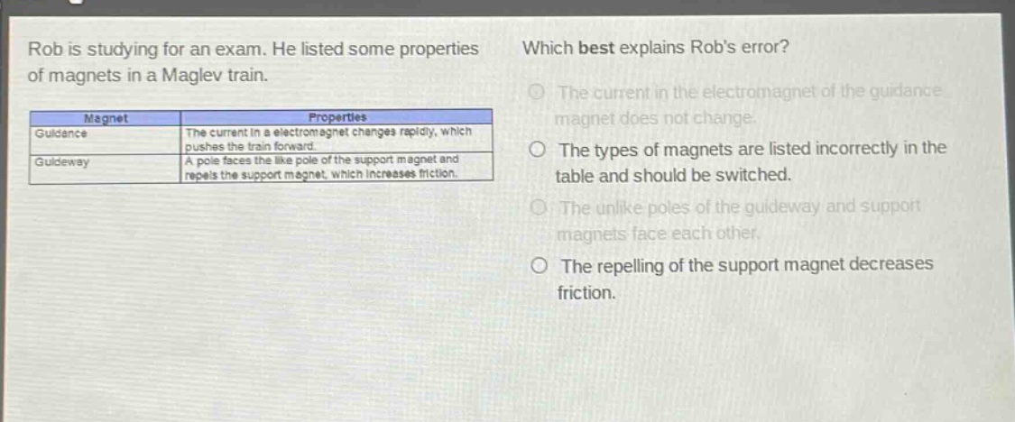 rob is studying for an exam. he listed some properties of magnets in a maglev train. which best explains robs error? magnet properties guidance the current in a electromagnet changes rapidly, which pushes the train forward. guideway a pole faces the like pole of the support magnet and repels the support magnet, which increases friction. the current in the electromagnet of the guidance magnet does not change. the types of magnets are listed incorrectly in the table and should be switched. the unlike poles of the guideway and support magnets face each other. the repelling of the support magnet decreases friction.