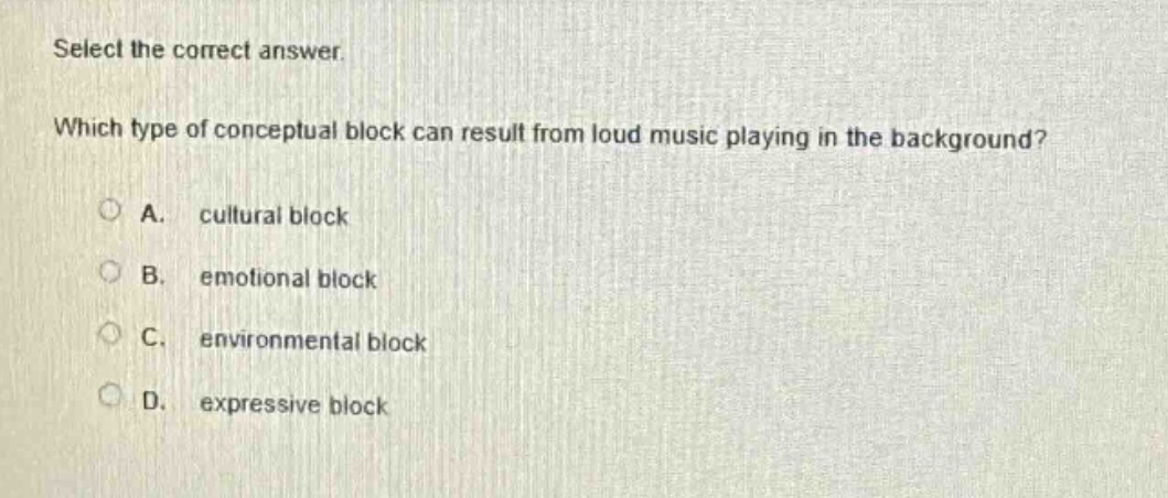 select the correct answer. which type of conceptual block can result from loud music playing in the background? a. cultural block b. emotional block c. environmental block d. expressive block
