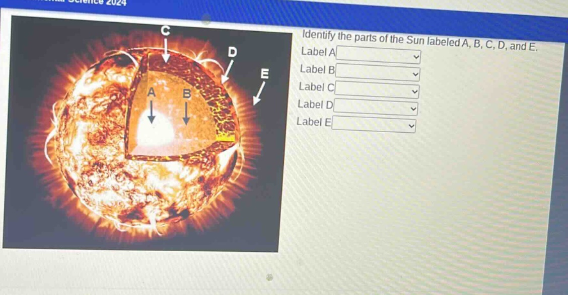 identify the parts of the sun labeled a, b, c, d, and e. label a label b label c label d label e