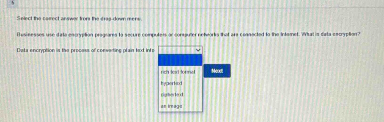 select the correct answer from the drop - down menu. businesses use data encryption programs to secure computers or computer networks that are connected to the internet. what is data encryption? data encryption is the process of converting plain text into rich text format hypertext ciphertext an image