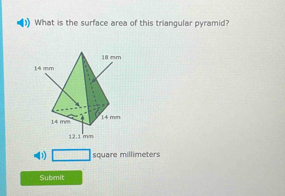 what is the surface area of this triangular pyramid? square millimeters