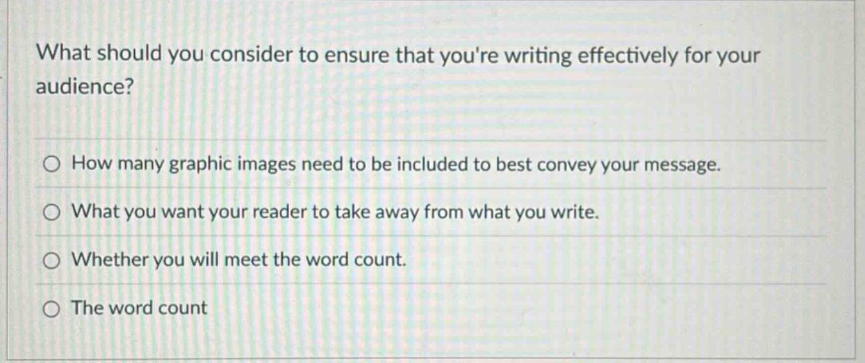 what should you consider to ensure that youre writing effectively for your audience? how many graphic images need to be included to best convey your message. what you want your reader to take away from what you write. whether you will meet the word count. the word count