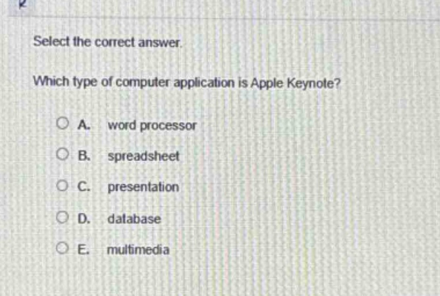 select the correct answer. which type of computer application is apple keynote? a. word processor b. spreadsheet c. presentation d. database e. multimedia