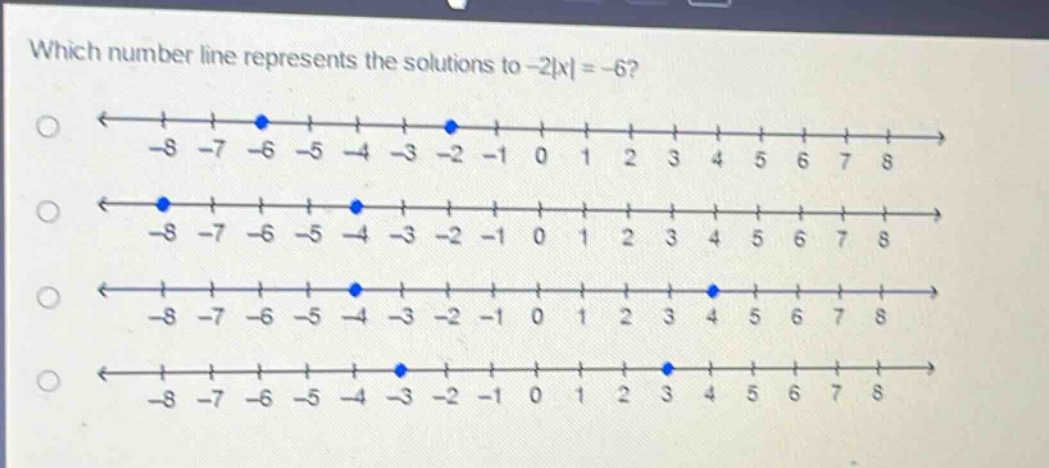 which number line represents the solutions to -2|x| = -6?