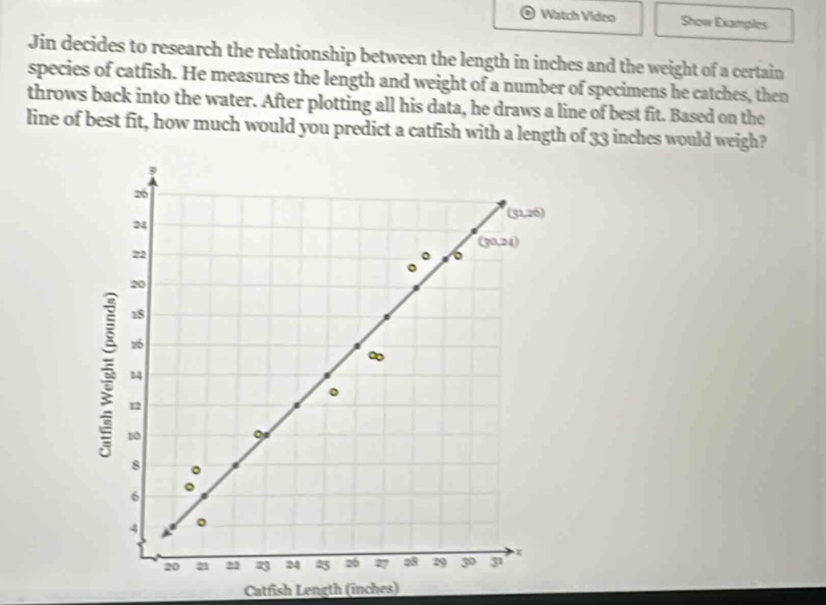 jin decides to research the relationship between the length in inches and the weight of a certain species of catfish. he measures the length and weight of a number of specimens he catches, then throws back into the water. after plotting all his data, he draws a line of best fit. based on the line of best fit, how much would you predict a catfish with a length of 33 inches would weigh?