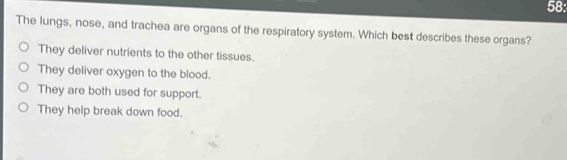 the lungs, nose, and trachea are organs of the respiratory system. which best describes these organs? they deliver nutrients to the other tissues. they deliver oxygen to the blood. they are both used for support. they help break down food.
