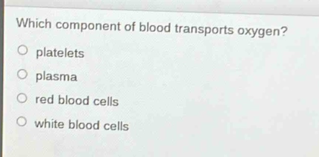 which component of blood transports oxygen?\no platelets\no plasma\no red blood cells\no white blood cells