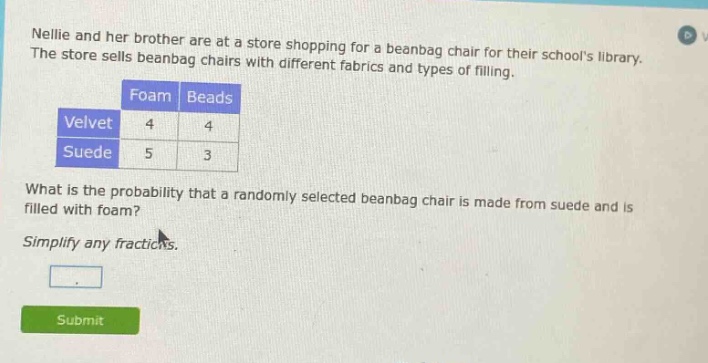 nellie and her brother are at a store shopping for a beanbag chair for their schools library. the store sells beanbag chairs with different fabrics and types of filling. foam beads velvet 4 4 suede 5 3 what is the probability that a randomly selected beanbag chair is made from suede and is filled with foam? simplify any fractions.