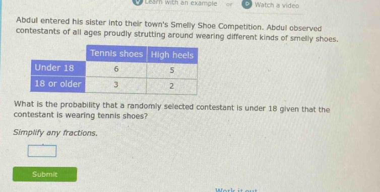 abdul entered his sister into their towns smelly shoe competition. abdul observed contestants of all ages proudly strutting around wearing different kinds of smelly shoes. tennis shoes high heels under 18 6 5 18 or older 3 2 what is the probability that a randomly selected contestant is under 18 given that the contestant is wearing tennis shoes? simplify any fractions.