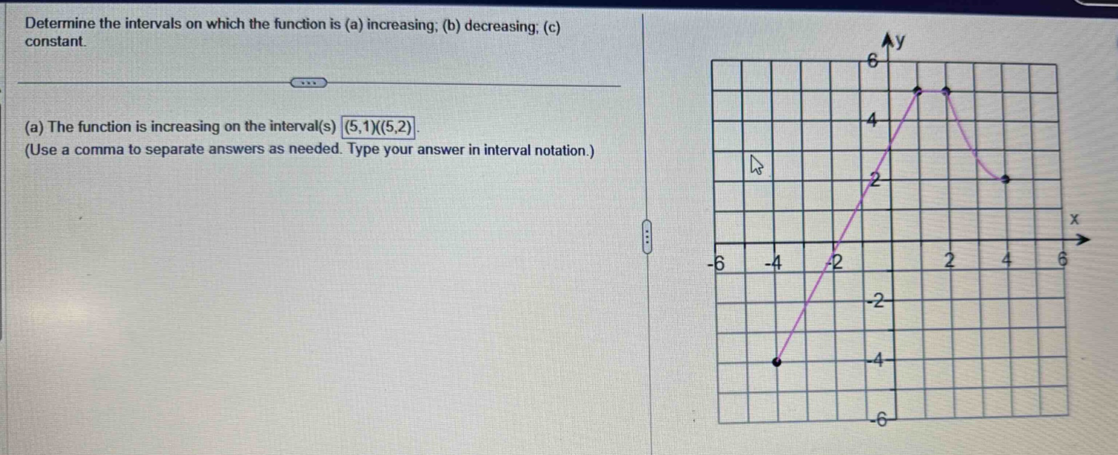 determine the intervals on which the function is (a) increasing; (b) decreasing; (c) constant. (a) the function is increasing on the interval(s) (5,1)((5,2)). (use a comma to separate answers as needed. type your answer in interval notation.)