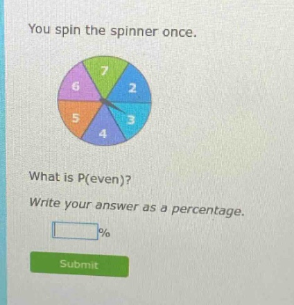 you spin the spinner once. what is p(even)? write your answer as a percentage.