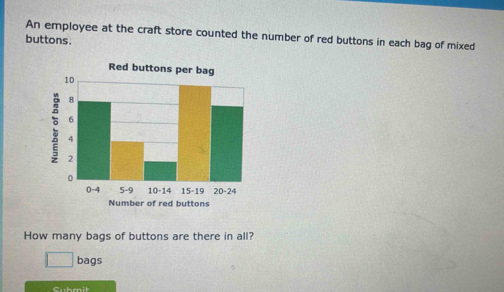 an employee at the craft store counted the number of red buttons in each bag of mixed buttons. red buttons per bag how many bags of buttons are there in all? bags