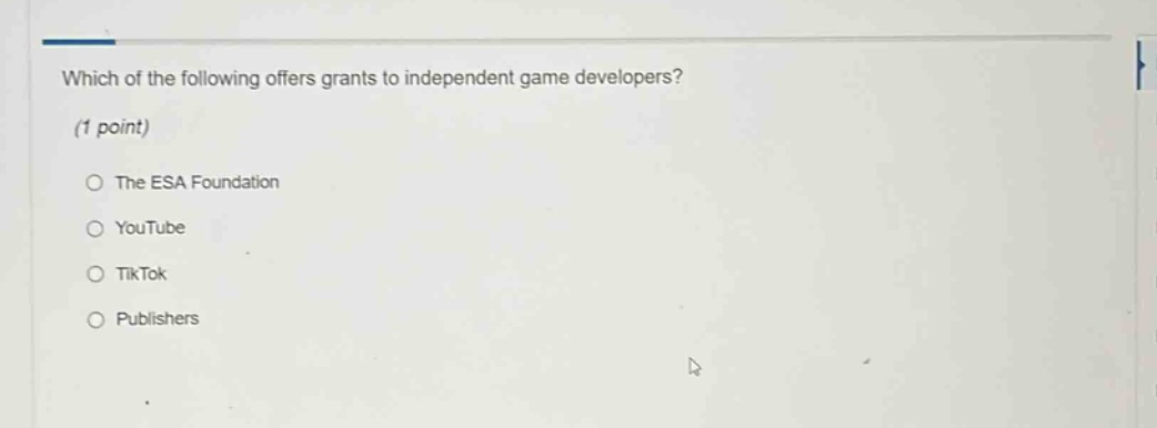 which of the following offers grants to independent game developers? (1 point) the esa foundation youtube tiktok publishers