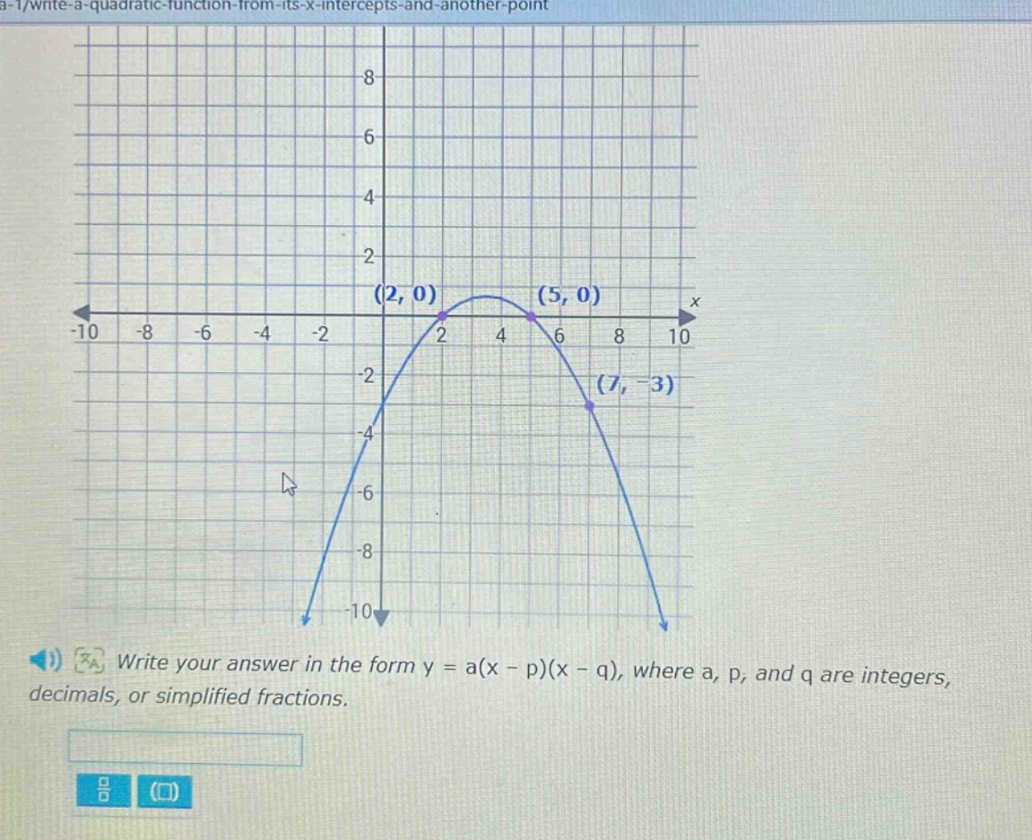 write your answer in the form y = a(x - p)(x - q), where a, p, and q are integers, decimals, or simplified fractions.