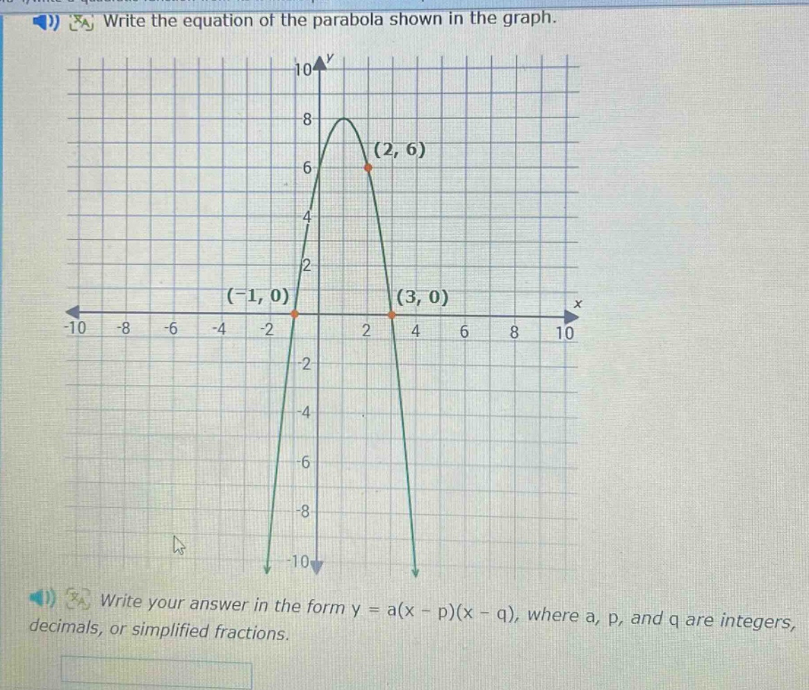 write the equation of the parabola shown in the graph. write your answer in the form y = a(x - p)(x - q), where a, p, and q are integers, decimals, or simplified fractions.