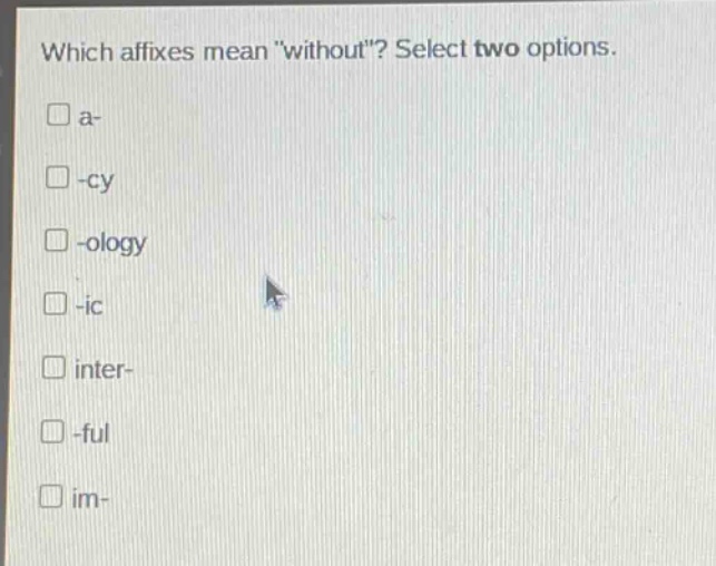which affixes mean \without\? select two options. a- -cy -ology -ic inter- -ful im-