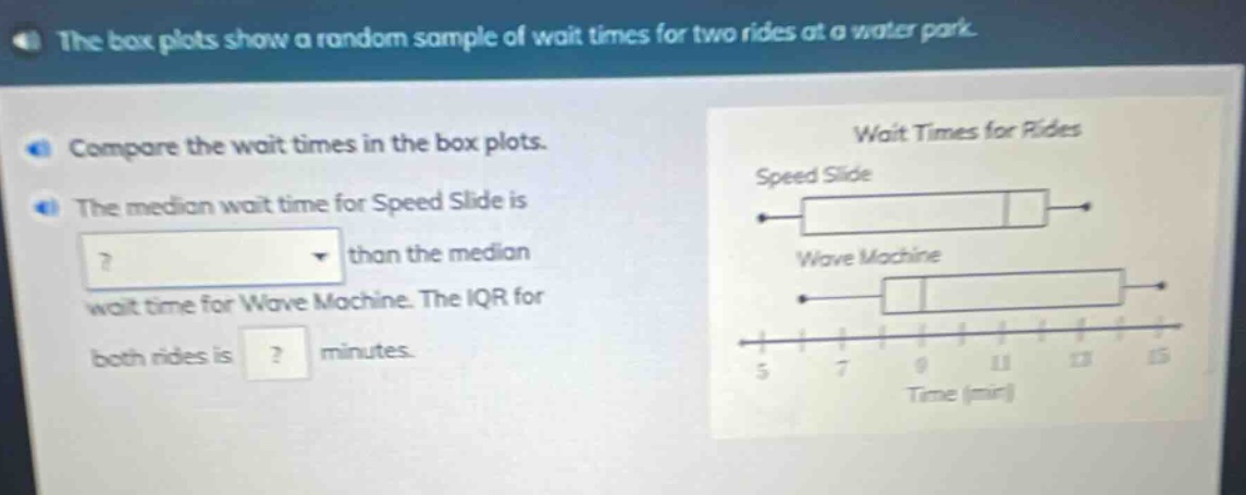 the box plots show a random sample of wait times for two rides at a water park. compare the wait times in the box plots. the median wait time for speed slide is? than the median wait time for wave machine. the iqr for both rides is? minutes. wait times for rides speed slide wave machine 5 7 9 11 13 15 time (min)