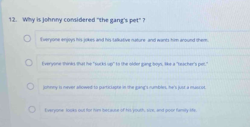 12. why is johnny considered \the gangs pet\? everyone enjoys his jokes and his talkative nature and wants him around them. everyone thinks that he \sucks up\ to the older gang boys, like a \teachers pet.\ johnny is never allowed to participate in the gangs rumbles, hes just a mascot. everyone looks out for him because of his youth, size, and poor family life.