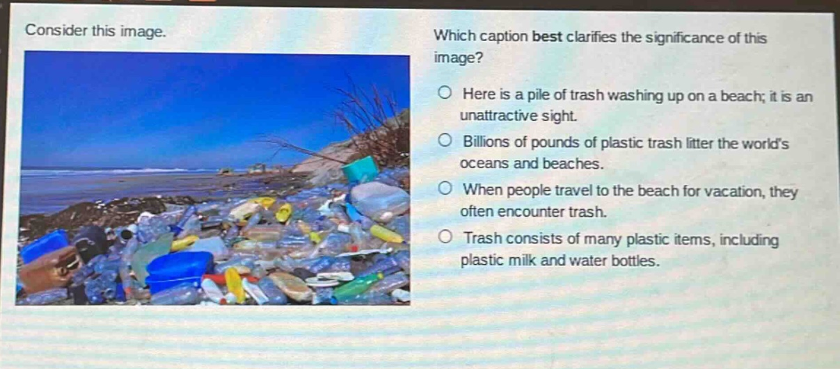 consider this image. which caption best clarifies the significance of this image? here is a pile of trash washing up on a beach; it is an unattractive sight. billions of pounds of plastic trash litter the world’s oceans and beaches. when people travel to the beach for vacation, they often encounter trash. trash consists of many plastic items, including plastic milk and water bottles.