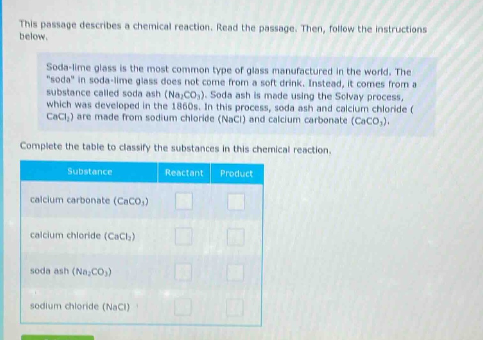 this passage describes a chemical reaction. read the passage. then, follow the instructions below. soda - lime glass is the most common type of glass manufactured in the world. the \soda\ in soda - lime glass does not come from a soft drink. instead, it comes from a substance called soda ash (na2co3). soda ash is made using the solvay process, which was developed in the 1860s. in this process, soda ash and calcium chloride (cacl2) are made from sodium chloride (nacl) and calcium carbonate (caco3). complete the table to classify the substances in this chemical reaction. substance reactant product calcium carbonate (caco3) calcium chloride (cacl2) soda ash (na2co3) sodium chloride (nacl)