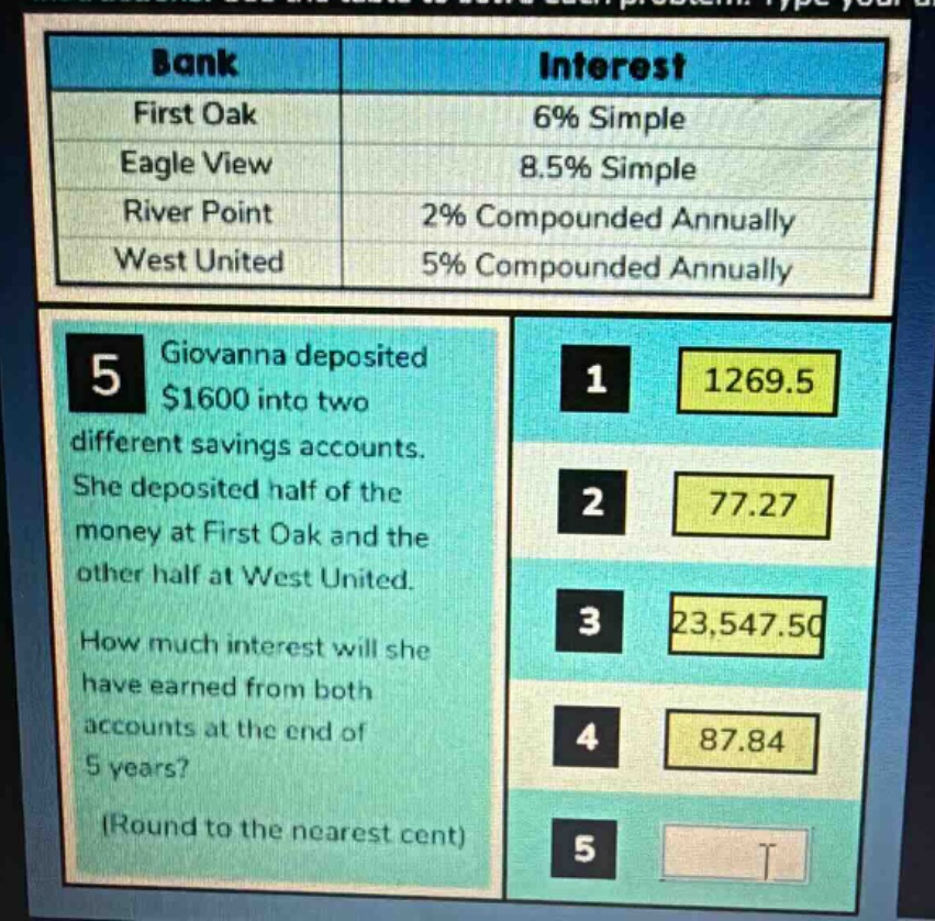 bank interest first oak 6% simple eagle view 8.5% simple river point 2% compounded annually west united 5% compounded annually 5 giovanna deposited $1600 into two different savings accounts. she deposited half of the money at first oak and the other half at west united. how much interest will she have earned from both accounts at the end of 5 years? (round to the nearest cent) 1 1269.5 2 77.27 3 23,547.50 4 87.84 5
