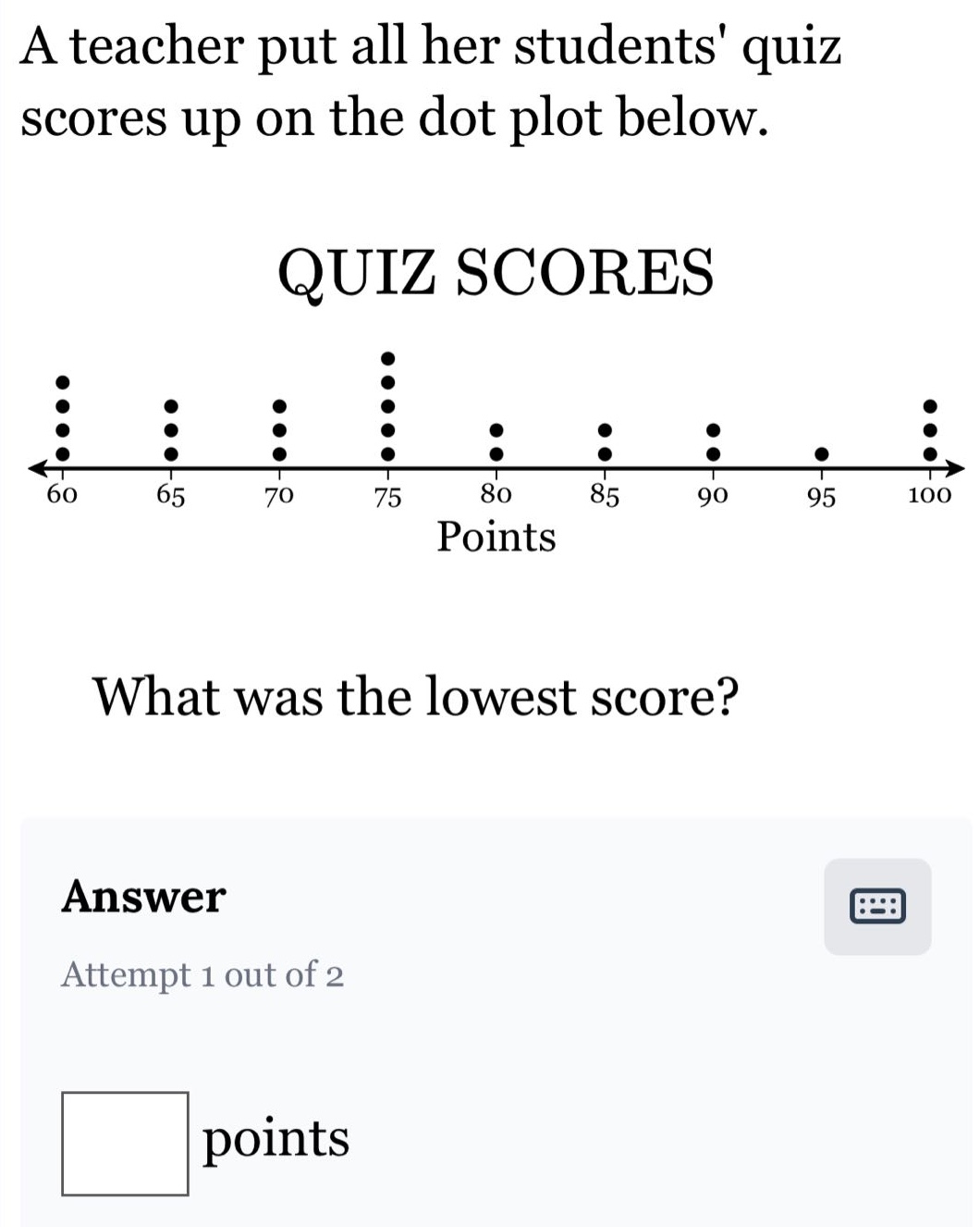 a teacher put all her students quiz scores up on the dot plot below. quiz scores what was the lowest score? answer attempt 1 out of 2 points