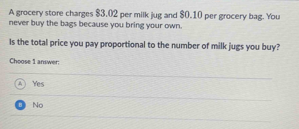 a grocery store charges $3.02 per milk jug and $0.10 per grocery bag. you never buy the bags because you bring your own. is the total price you pay proportional to the number of milk jugs you buy? choose 1 answer: a yes b no