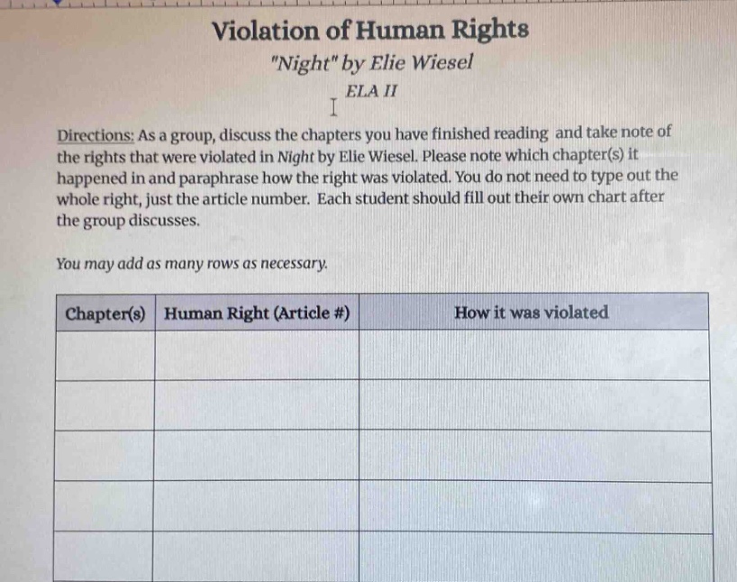 violation of human rights \night\ by elie wiesel ela ii directions: as a group, discuss the chapters you have finished reading and take note of the rights that were violated in night by elie wiesel. please note which chapter(s) it happened in and paraphrase how the right was violated. you do not need to type out the whole right, just the article number. each student should fill out their own chart after the group discusses. you may add as many rows as necessary. chapter(s) human right (article #) how it was violated