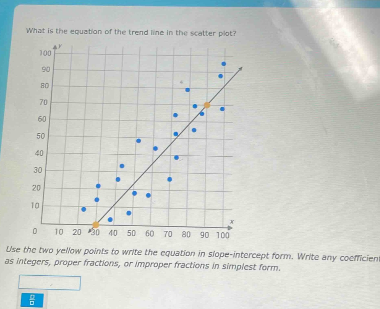 what is the equation of the trend line in the scatter plot? use the two yellow points to write the equation in slope - intercept form. write any coefficient as integers, proper fractions, or improper fractions in simplest form.
