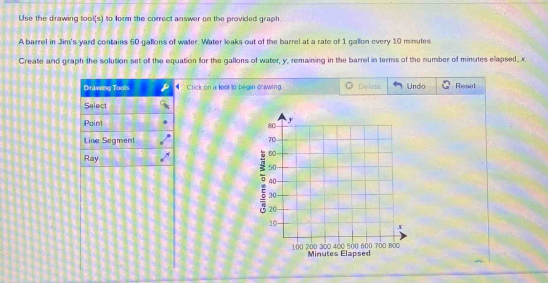 use the drawing tool(s) to form the correct answer on the provided graph. a barrel in jims yard contains 60 gallons of water. water leaks out of the barrel at a rate of 1 gallon every 10 minutes. create and graph the solution set of the equation for the gallons of water, y, remaining in the barrel in terms of the number of minutes elapsed, x.
