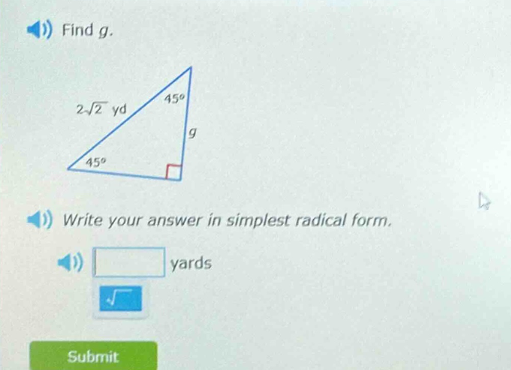 find g. write your answer in simplest radical form. yards
