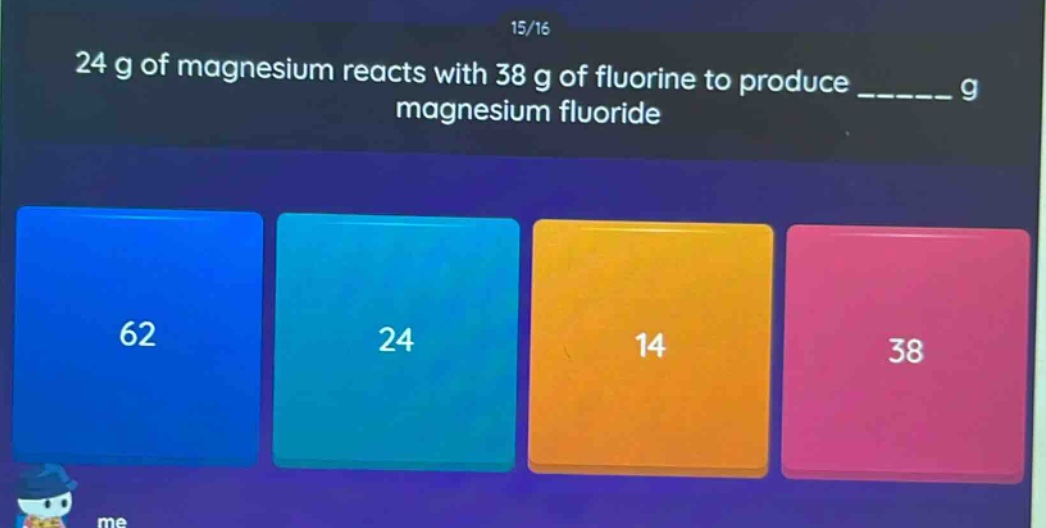 24 g of magnesium reacts with 38 g of fluorine to produce _______ g magnesium fluoride