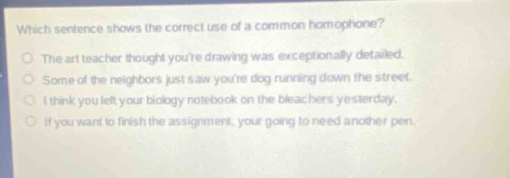 which sentence shows the correct use of a common homophone?\nthe art teacher thought youre drawing was exceptionally detailed.\nsome of the neighbors just saw youre dog running down the street.\ni think you left your biology notebook on the bleachers yesterday.\nif you want to finish the assignment, your going to need another pen.