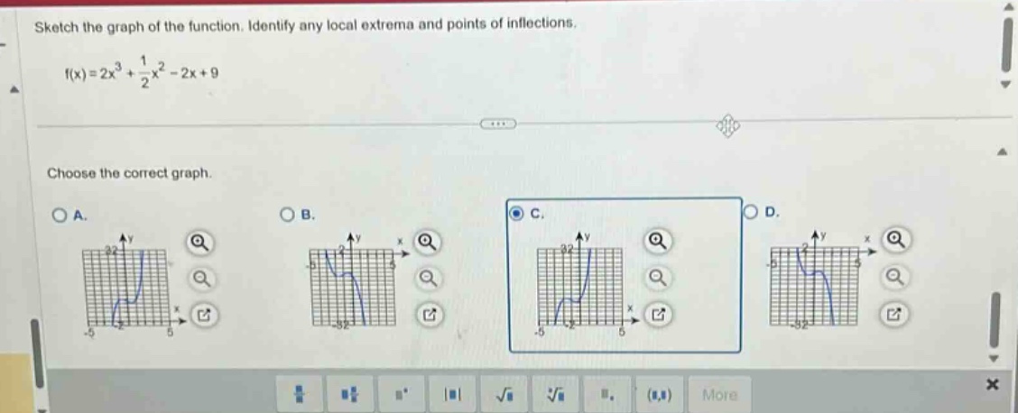 sketch the graph of the function. identify any local extrema and points of inflections. f(x)=2x³ + 1/2x² - 2x + 9 choose the correct graph.