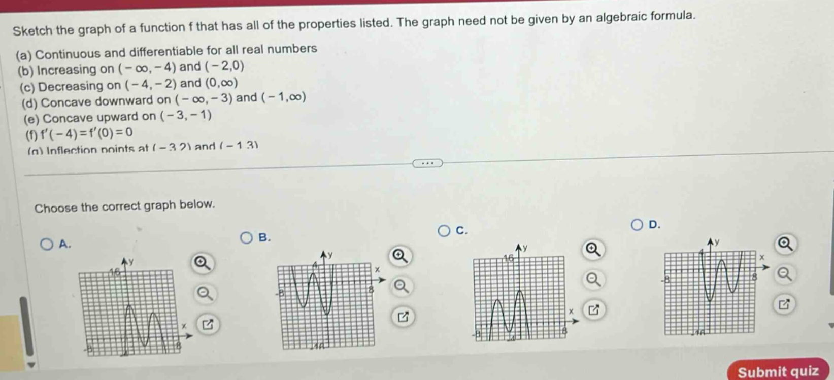 sketch the graph of a function f that has all of the properties listed. the graph need not be given by an algebraic formula. (a) continuous and differentiable for all real numbers (b) increasing on (-∞, - 4) and (-2,0) (c) decreasing on (-4, - 2) and (0,∞) (d) concave downward on (-∞, - 3) and (-1,∞) (e) concave upward on (-3, - 1) (f) f(-4)=f(0)=0 (g) inflection points at (-3,2) and (-1,3) choose the correct graph below. a. b. c. d.