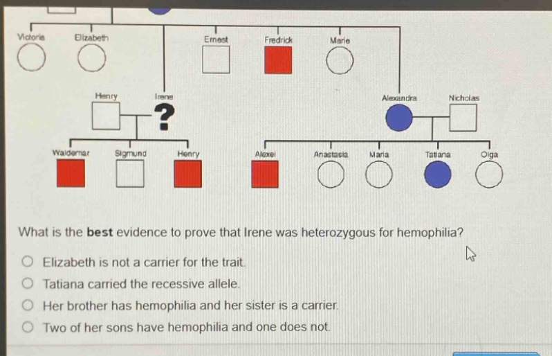 what is the best evidence to prove that irene was heterozygous for hemophilia? elizabeth is not a carrier for the trait. tatiana carried the recessive allele. her brother has hemophilia and her sister is a carrier. two of her sons have hemophilia and one does not.