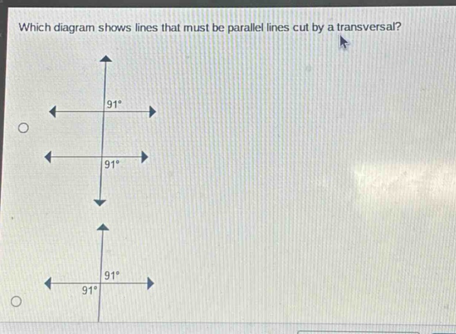 which diagram shows lines that must be parallel lines cut by a transversal?