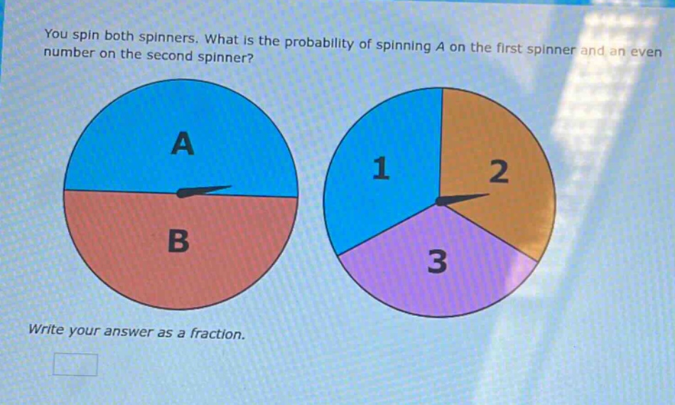 you spin both spinners. what is the probability of spinning a on the first spinner and an even number on the second spinner? write your answer as a fraction.