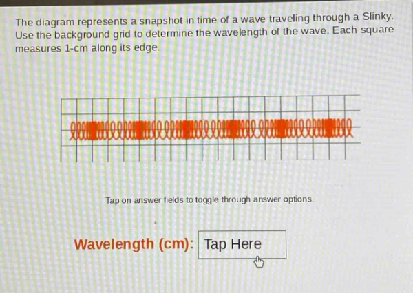 the diagram represents a snapshot in time of a wave traveling through a slinky. use the background grid to determine the wavelength of the wave. each square measures 1 - cm along its edge. tap on answer fields to toggle through answer options. wavelength (cm): tap here