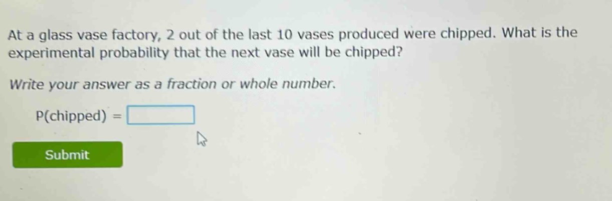 at a glass vase factory, 2 out of the last 10 vases produced were chipped. what is the experimental probability that the next vase will be chipped? write your answer as a fraction or whole number. p(chipped) =