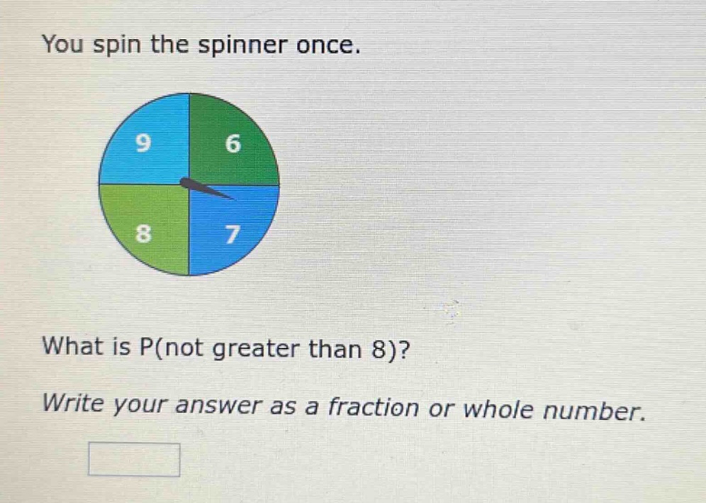 you spin the spinner once. what is p(not greater than 8)? write your answer as a fraction or whole number.