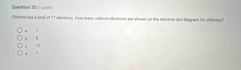 question 35 (1 point) chlorine has a total of 17 electrons. how many valence electrons are shown on the electron dot diagram for chlorine? a 7 b 8 c 17 d 1