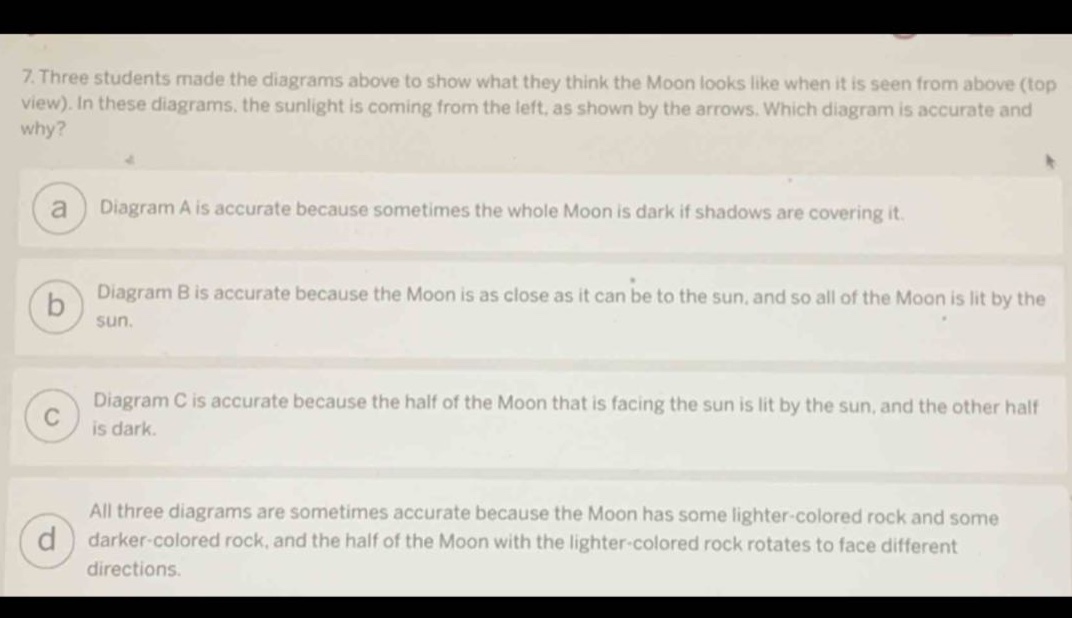 7. three students made the diagrams above to show what they think the moon looks like when it is seen from above (top view). in these diagrams, the sunlight is coming from the left, as shown by the arrows. which diagram is accurate and why? a diagram a is accurate because sometimes the whole moon is dark if shadows are covering it. b diagram b is accurate because the moon is as close as it can be to the sun, and so all of the moon is lit by the sun. c diagram c is accurate because the half of the moon that is facing the sun is lit by the sun, and the other half is dark. d all three diagrams are sometimes accurate because the moon has some lighter - colored rock and some darker - colored rock, and the half of the moon with the lighter - colored rock rotates to face different directions.