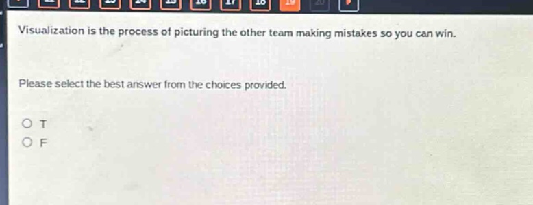 visualization is the process of picturing the other team making mistakes so you can win. please select the best answer from the choices provided. o t o f