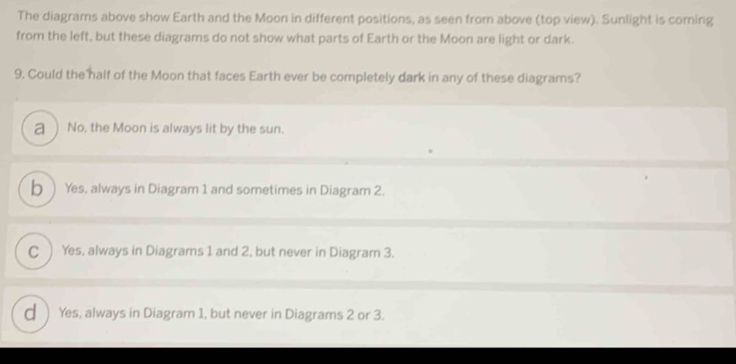 the diagrams above show earth and the moon in different positions, as seen from above (top view). sunlight is coming from the left, but these diagrams do not show what parts of earth or the moon are light or dark. 9. could the half of the moon that faces earth ever be completely dark in any of these diagrams? a no, the moon is always lit by the sun. b yes, always in diagram 1 and sometimes in diagram 2. c yes, always in diagrams 1 and 2, but never in diagram 3. d yes, always in diagram 1, but never in diagrams 2 or 3.