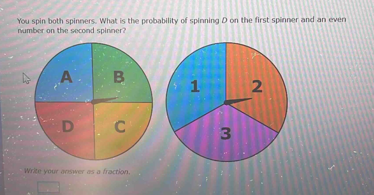 you spin both spinners. what is the probability of spinning d on the first spinner and an even number on the second spinner? write your answer as a fraction.