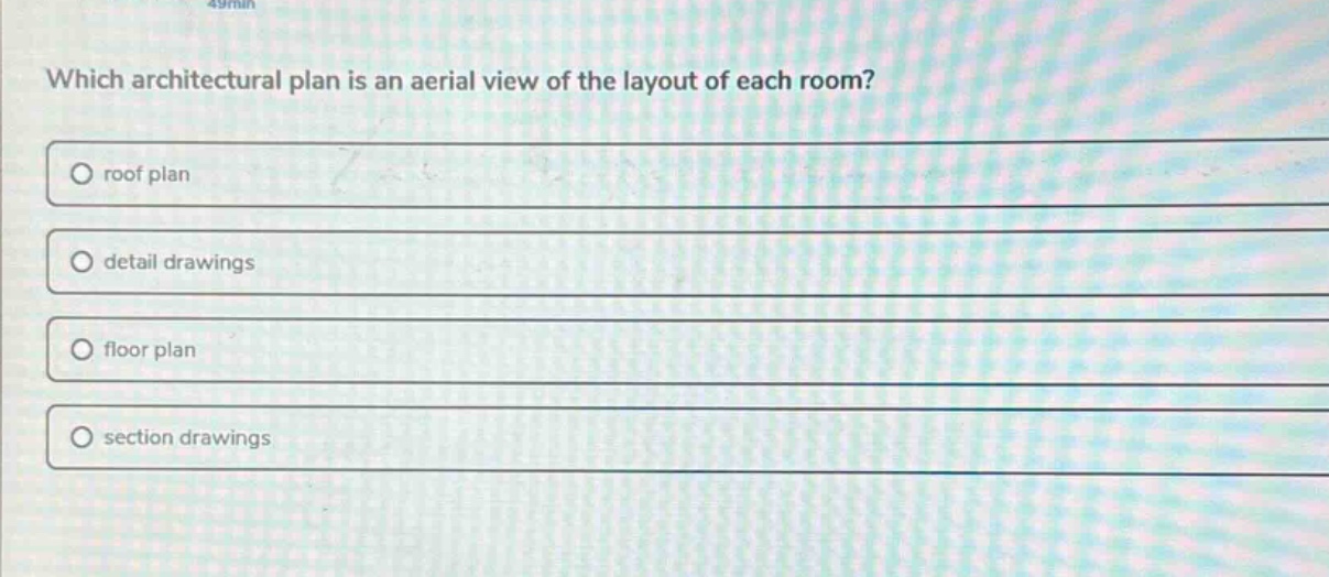 which architectural plan is an aerial view of the layout of each room?\nroof plan\ndetail drawings\nfloor plan\nsection drawings