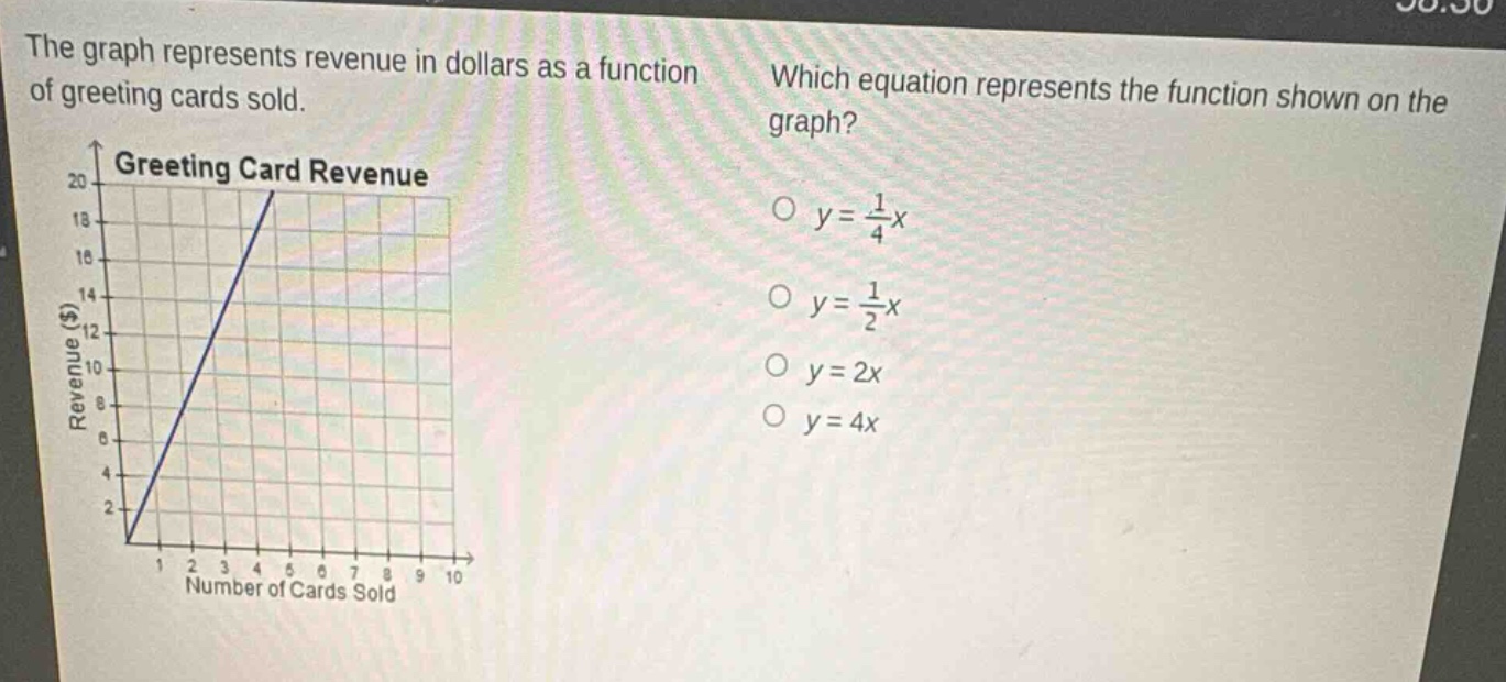 the graph represents revenue in dollars as a function of greeting cards sold. which equation represents the function shown on the graph? greeting card revenue revenue ($) 20 18 16 14 12 10 8 6 4 2 0 1 2 3 4 5 6 7 8 9 10 number of cards sold o y = 1/4x o y = 1/2x o y = 2x o y = 4x