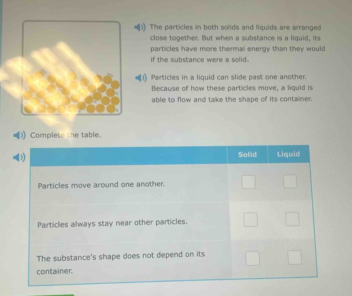 the particles in both solids and liquids are arranged close together. but when a substance is a liquid, its particles have more thermal energy than they would if the substance were a solid. particles in a liquid can slide past one another. because of how these particles move, a liquid is able to flow and take the shape of its container. complete the table. solid liquid particles move around one another. particles always stay near other particles. the substances shape does not depend on its container.